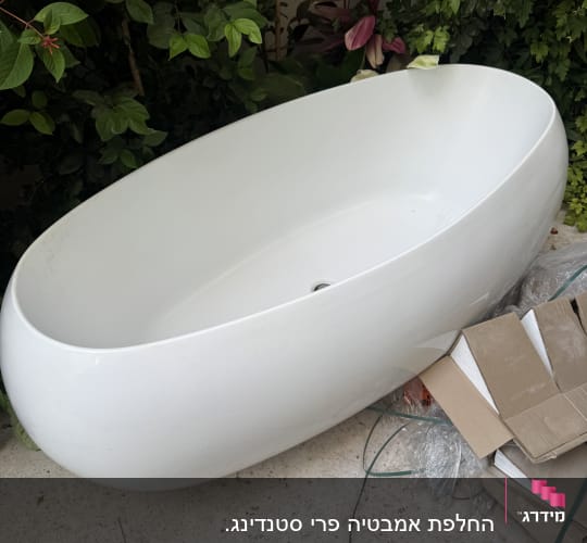 אמבטיה לבנה מוקפת בצמחייה וקרטונים